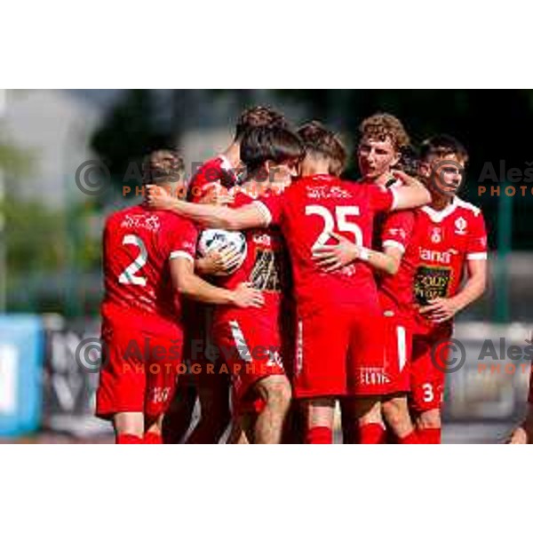 in action during 2.SNL 2024/2025 football match between Slovan and Gorica in Ljubljana, Slovenia on May 11, 2025