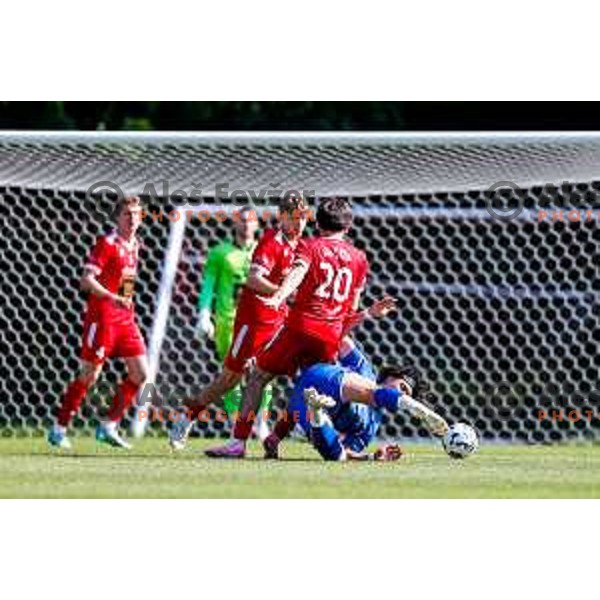 in action during 2.SNL 2024/2025 football match between Slovan and Gorica in Ljubljana, Slovenia on May 11, 2025