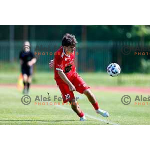 in action during 2.SNL 2024/2025 football match between Slovan and Gorica in Ljubljana, Slovenia on May 11, 2025