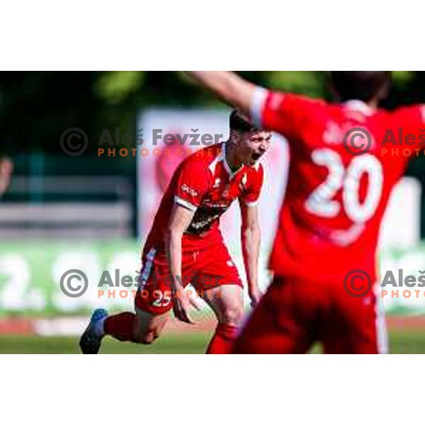 in action during 2.SNL 2024/2025 football match between Slovan and Gorica in Ljubljana, Slovenia on May 11, 2025