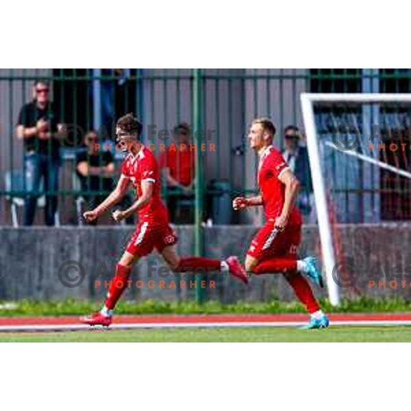 in action during 2.SNL 2024/2025 football match between Slovan and Gorica in Ljubljana, Slovenia on May 11, 2025