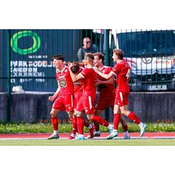 in action during 2.SNL 2024/2025 football match between Slovan and Gorica in Ljubljana, Slovenia on May 11, 2025