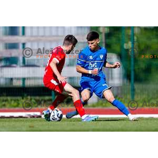 in action during 2.SNL 2024/2025 football match between Slovan and Gorica in Ljubljana, Slovenia on May 11, 2025