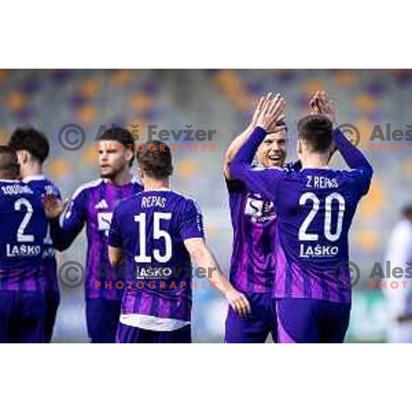 Pijus Sirvys and Ziga Repas celebrate during Prva liga Telemach football match between Maribor and Primorje in Ljudski vrt, Maribor, Slovenia on May 11, 2025. Photo: Jure Banfi