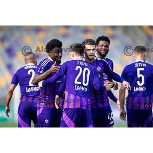 Bradley Hodillon Matufueni M\'Bondo, Omar Rekik, Ziga Repas celebrate during Prva liga Telemach football match between Maribor and Primorje in Ljudski vrt, Maribor, Slovenia on May 11, 2025. Photo: Jure Banfi
