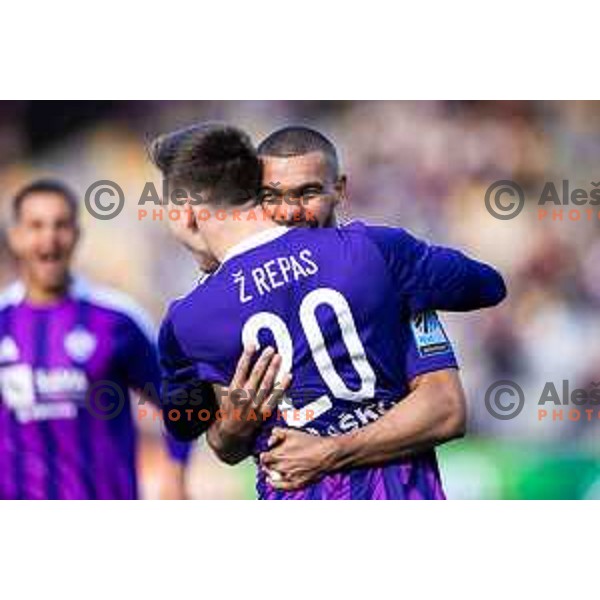 Ziga Repas and Hilal Soudani celebrate goal during Prva liga Telemach football match between Maribor and Primorje in Ljudski vrt, Maribor, Slovenia on May 11, 2025. Photo: Jure Banfi