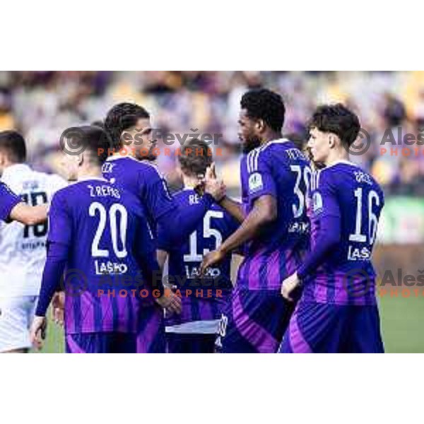 Omar Rekik and Benjamin Tetteh celebrate during Prva liga Telemach football match between Maribor and Primorje in Ljudski vrt, Maribor, Slovenia on May 11, 2025. Photo: Jure Banfi