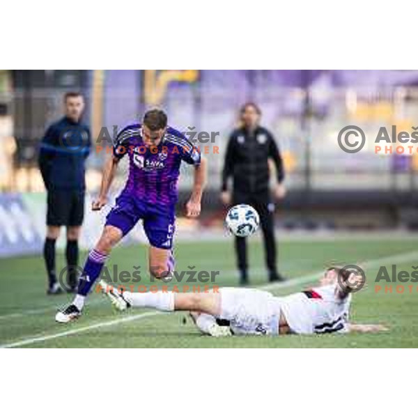 Pijus Sirvys vs Alexander Stozinic in action during Prva liga Telemach football match between Maribor and Primorje in Ljudski vrt, Maribor, Slovenia on May 11, 2025. Photo: Jure Banfi