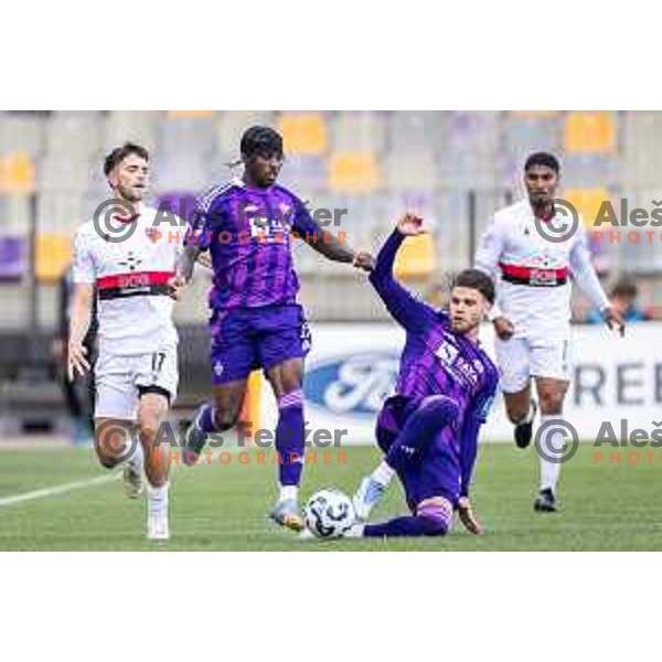 Zan Besir vs Oluwaseyi Babajide Sheyi Ojo and Omar Rekik in action during Prva liga Telemach football match between Maribor and Primorje in Ljudski vrt, Maribor, Slovenia on May 11, 2025. Photo: Jure Banfi