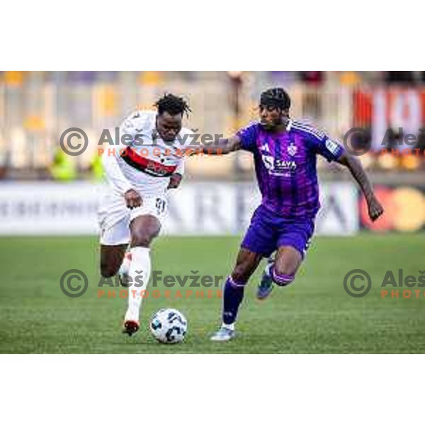 Ishaq Kayode Rafiu vs Oluwaseyi Babajide Sheyi Ojo in action during Prva liga Telemach football match between Maribor and Primorje in Ljudski vrt, Maribor, Slovenia on May 11, 2025. Photo: Jure Banfi