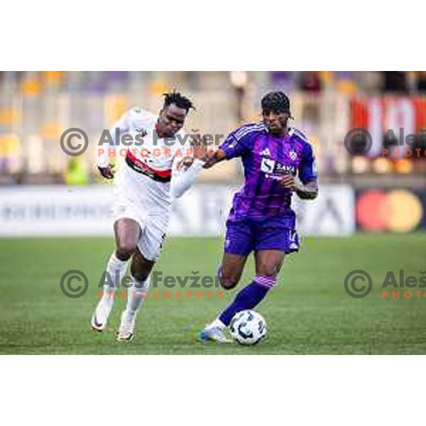 Ishaq Kayode Rafiu vs Oluwaseyi Babajide Sheyi Ojo in action during Prva liga Telemach football match between Maribor and Primorje in Ljudski vrt, Maribor, Slovenia on May 11, 2025. Photo: Jure Banfi