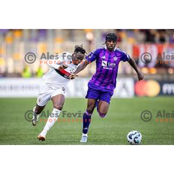 Ishaq Kayode Rafiu vs Oluwaseyi Babajide Sheyi Ojo in action during Prva liga Telemach football match between Maribor and Primorje in Ljudski vrt, Maribor, Slovenia on May 11, 2025. Photo: Jure Banfi