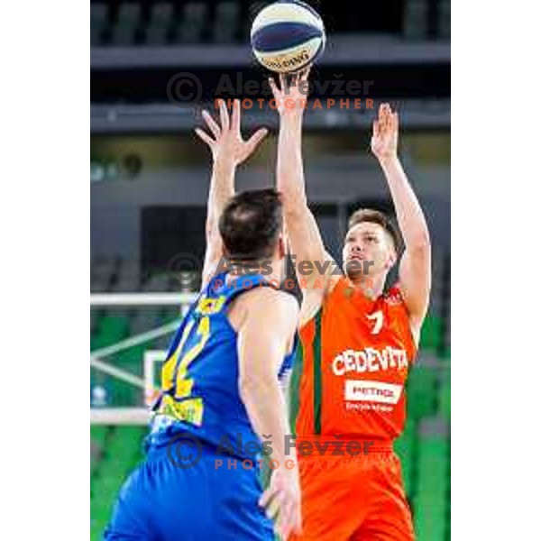 In action during second game of the quarter-final of OTP Bank League 2024/2025 basketball match between Cedevita Olimpija and Sencur GGD in Ljubljana, Slovenia on May 13, 2025