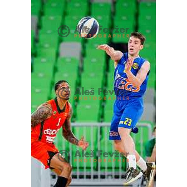 In action during second game of the quarter-final of OTP Bank League 2024/2025 basketball match between Cedevita Olimpija and Sencur GGD in Ljubljana, Slovenia on May 13, 2025