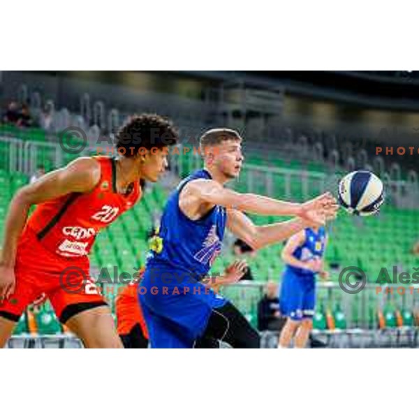 Joan Beringer in action during second game of the quarter-final of OTP Bank League 2024/2025 basketball match between Cedevita Olimpija and Sencur GGD in Ljubljana, Slovenia on May 13, 2025