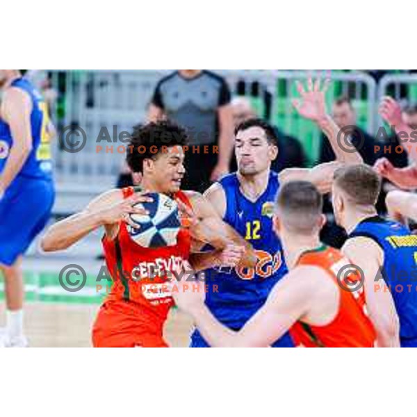Joan Beringer in action during second game of the quarter-final of OTP Bank League 2024/2025 basketball match between Cedevita Olimpija and Sencur GGD in Ljubljana, Slovenia on May 13, 2025