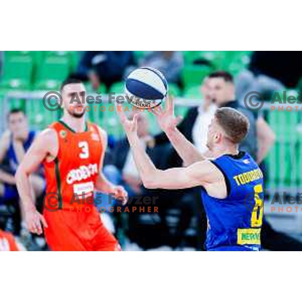 In action during second game of the quarter-final of OTP Bank League 2024/2025 basketball match between Cedevita Olimpija and Sencur GGD in Ljubljana, Slovenia on May 13, 2025