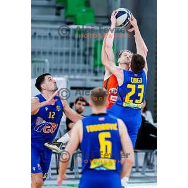 Jaka Blazic in action during second game of the quarter-final of OTP Bank League 2024/2025 basketball match between Cedevita Olimpija and Sencur GGD in Ljubljana, Slovenia on May 13, 2025