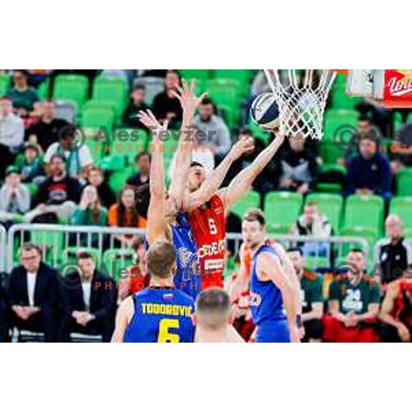 Aleksej Nikolic in action during second game of the quarter-final of OTP Bank League 2024/2025 basketball match between Cedevita Olimpija and Sencur GGD in Ljubljana, Slovenia on May 13, 2025