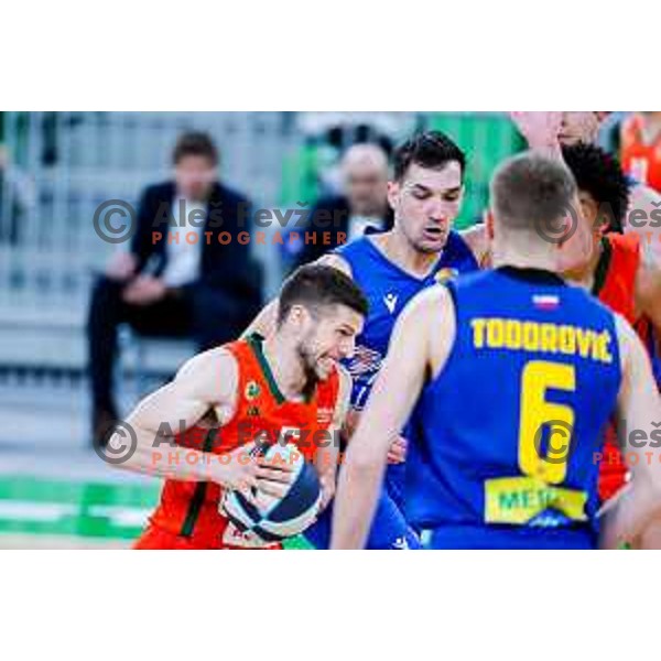 Aleksej Nikolic in action during second game of the quarter-final of OTP Bank League 2024/2025 basketball match between Cedevita Olimpija and Sencur GGD in Ljubljana, Slovenia on May 13, 2025