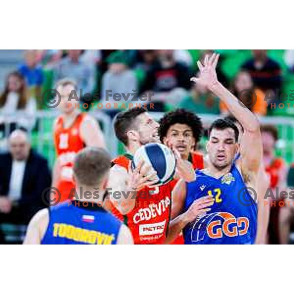 Aleksej Nikolic in action during second game of the quarter-final of OTP Bank League 2024/2025 basketball match between Cedevita Olimpija and Sencur GGD in Ljubljana, Slovenia on May 13, 2025