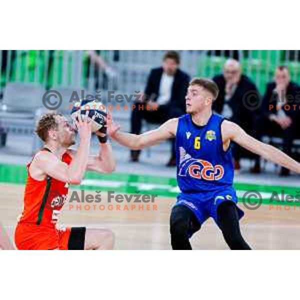 Jaka Blazic in action during second game of the quarter-final of OTP Bank League 2024/2025 basketball match between Cedevita Olimpija and Sencur GGD in Ljubljana, Slovenia on May 13, 2025