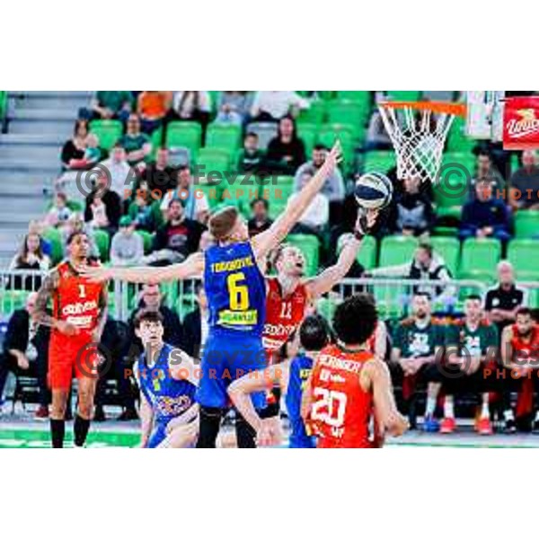 Jaka Blazic in action during second game of the quarter-final of OTP Bank League 2024/2025 basketball match between Cedevita Olimpija and Sencur GGD in Ljubljana, Slovenia on May 13, 2025