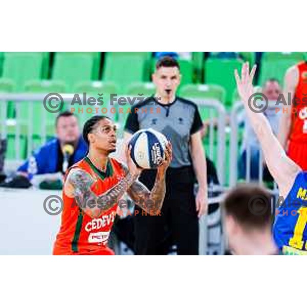 Devin Robinson and Alen Malovcic in action during second game of the quarter-final of OTP Bank League 2024/2025 basketball match between Cedevita Olimpija and Sencur GGD in Ljubljana, Slovenia on May 13, 2025