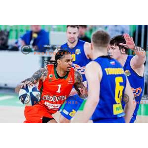 Devin Robinson and Alen Malovcic in action during second game of the quarter-final of OTP Bank League 2024/2025 basketball match between Cedevita Olimpija and Sencur GGD in Ljubljana, Slovenia on May 13, 2025