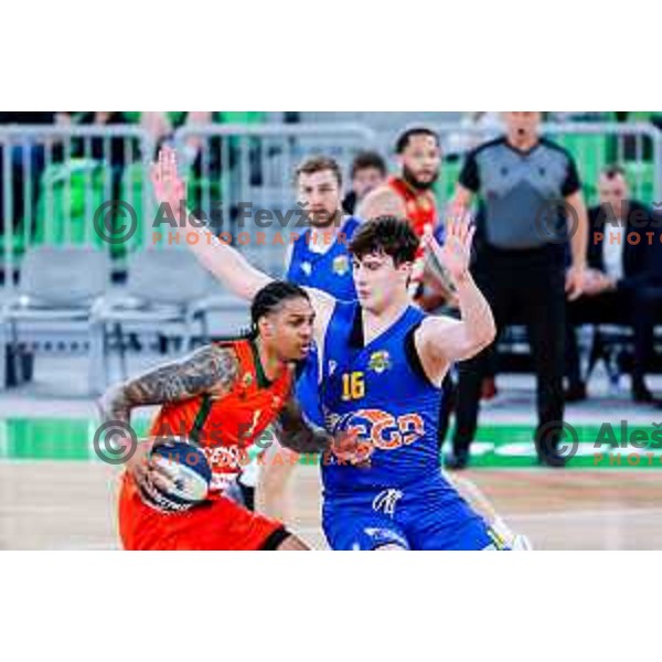 Devin Robinson and Alen Malovcic in action during second game of the quarter-final of OTP Bank League 2024/2025 basketball match between Cedevita Olimpija and Sencur GGD in Ljubljana, Slovenia on May 13, 2025