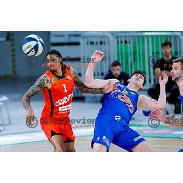 Devin Robinson and Alen Malovcic in action during second game of the quarter-final of OTP Bank League 2024/2025 basketball match between Cedevita Olimpija and Sencur GGD in Ljubljana, Slovenia on May 13, 2025