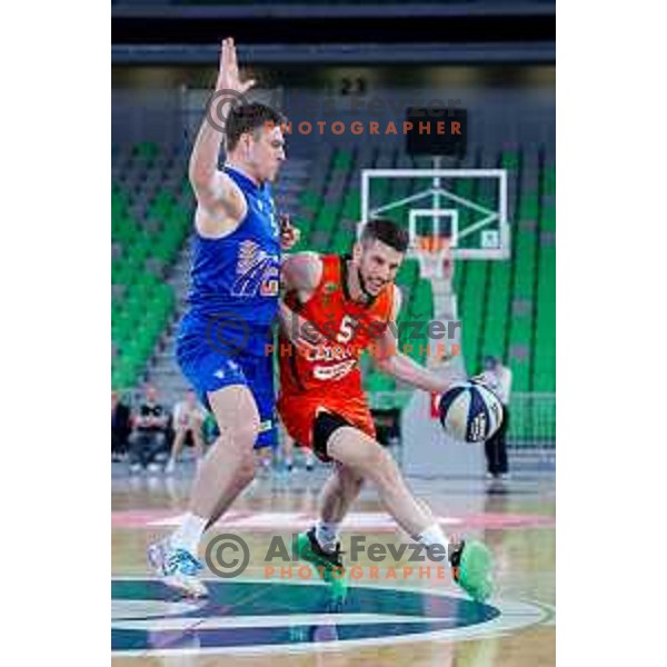 In action during second game of the quarter-final of OTP Bank League 2024/2025 basketball match between Cedevita Olimpija and Sencur GGD in Ljubljana, Slovenia on May 13, 2025