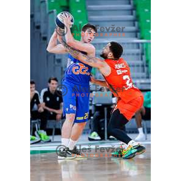 In action during second game of the quarter-final of OTP Bank League 2024/2025 basketball match between Cedevita Olimpija and Sencur GGD in Ljubljana, Slovenia on May 13, 2025