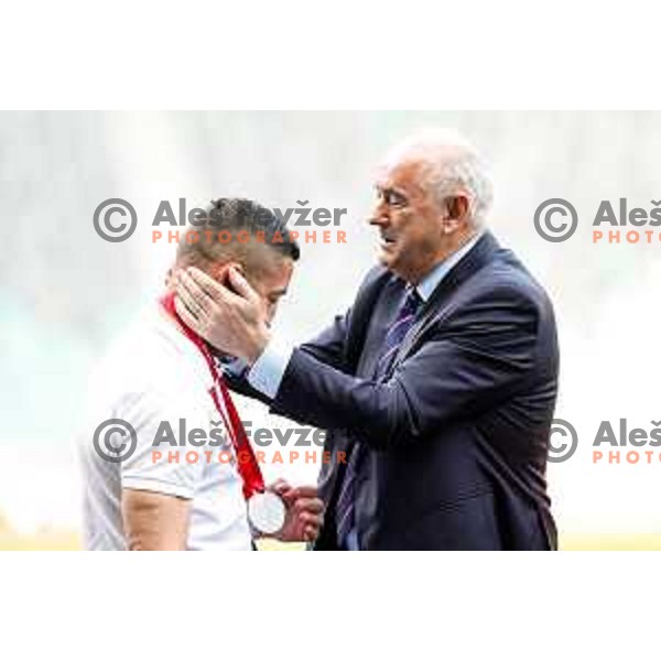 Vladimir Kokol, head coach of Mura Nona and Radenko Mijatovic after The Final of Pivovarna Union Women’s Slovenian Cup football match between Mura Nona and Ljubljana in SRC Stozice, Ljubljana, Slovenia on May 14, 2025