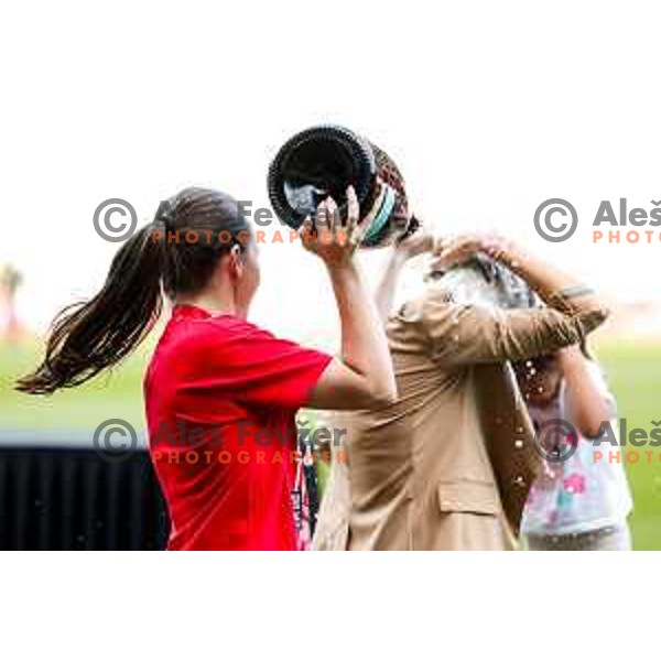 Urska Zganec, head coach of Ljubljana gets Champagne shower after victory in The Final of Pivovarna Union Women’s Slovenian Cup football match between Mura Nona and Ljubljana in SRC Stozice, Ljubljana, Slovenia on May 14, 2025