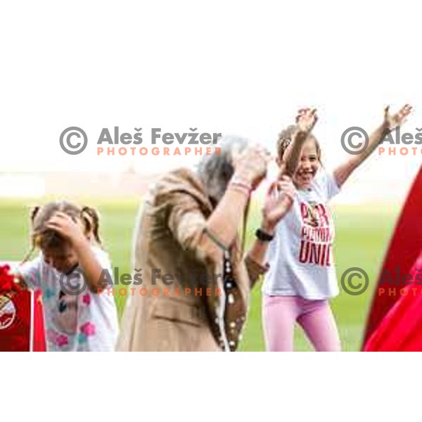 Urska Zganec, head coach of Ljubljana gets Champagne shower after victory in The Final of Pivovarna Union Women’s Slovenian Cup football match between Mura Nona and Ljubljana in SRC Stozice, Ljubljana, Slovenia on May 14, 2025