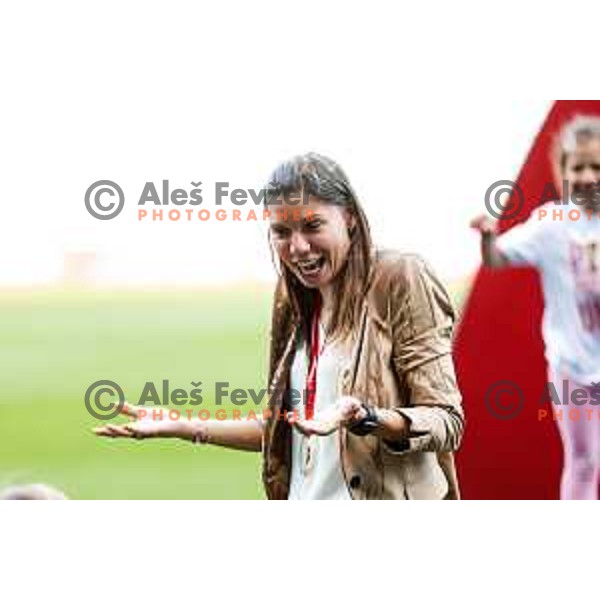 Urska Zganec, head coach of Ljubljana gets Champagne shower after victory in The Final of Pivovarna Union Women’s Slovenian Cup football match between Mura Nona and Ljubljana in SRC Stozice, Ljubljana, Slovenia on May 14, 2025