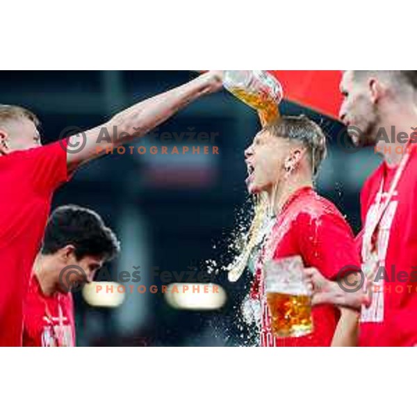 Players of Celje celebrate victory in The Final of Pivovarna Union Slovenian Cup football match between Koper and Celje in SRC Stozice, Ljubljana, Slovenia on May 14, 2025