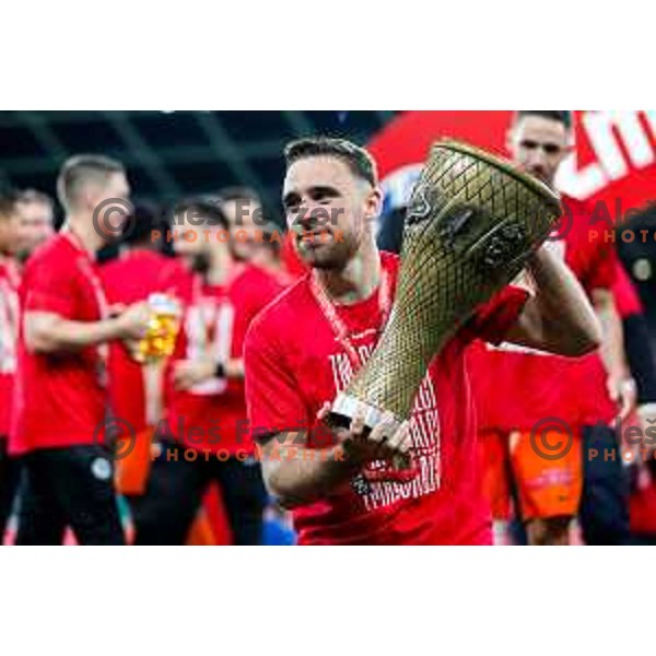 Aljosa Matko and players of Celje celebrate victory in The Final of Pivovarna Union Slovenian Cup football match between Koper and Celje in SRC Stozice, Ljubljana, Slovenia on May 14, 2025