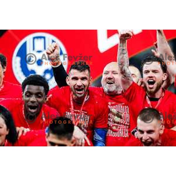 Valerij Kolotilo and players of Celje celebrate victory in The Final of Pivovarna Union Slovenian Cup football match between Koper and Celje in SRC Stozice, Ljubljana, Slovenia on May 14, 2025