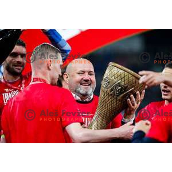 Valerij Kolotilo and players of Celje celebrate victory in The Final of Pivovarna Union Slovenian Cup football match between Koper and Celje in SRC Stozice, Ljubljana, Slovenia on May 14, 2025