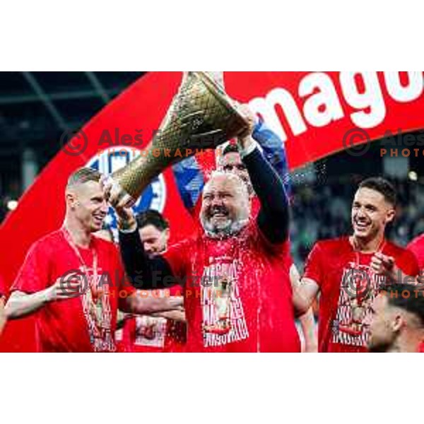 Valerij Kolotilo and players of Celje celebrate victory in The Final of Pivovarna Union Slovenian Cup football match between Koper and Celje in SRC Stozice, Ljubljana, Slovenia on May 14, 2025
