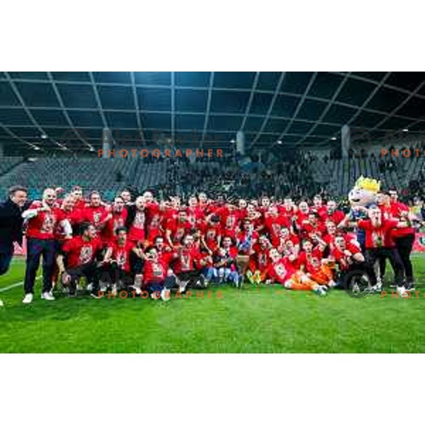 Players of Celje celebrate victory in The Final of Pivovarna Union Slovenian Cup football match between Koper and Celje in SRC Stozice, Ljubljana, Slovenia on May 14, 2025