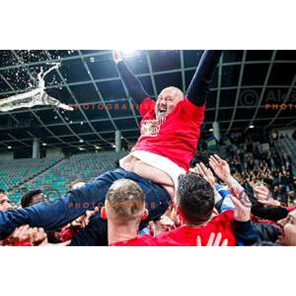Valerij Kolotilo and players of Celje celebrate victory in The Final of Pivovarna Union Slovenian Cup football match between Koper and Celje in SRC Stozice, Ljubljana, Slovenia on May 14, 2025