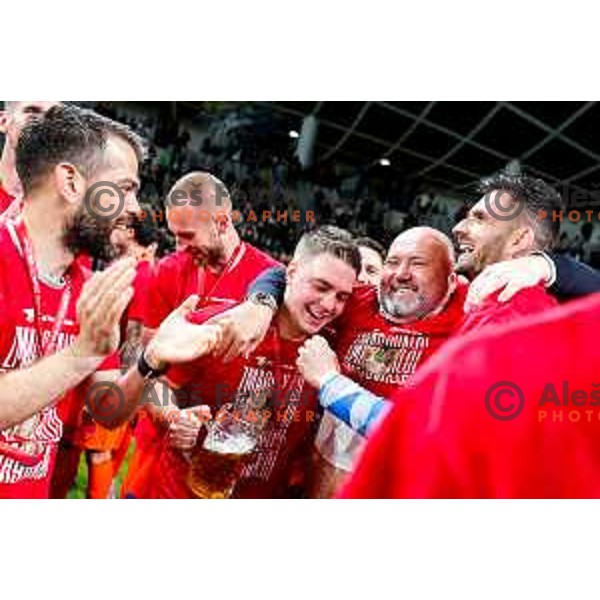 Valerij Kolotilo and players of Celje celebrate victory in The Final of Pivovarna Union Slovenian Cup football match between Koper and Celje in SRC Stozice, Ljubljana, Slovenia on May 14, 2025