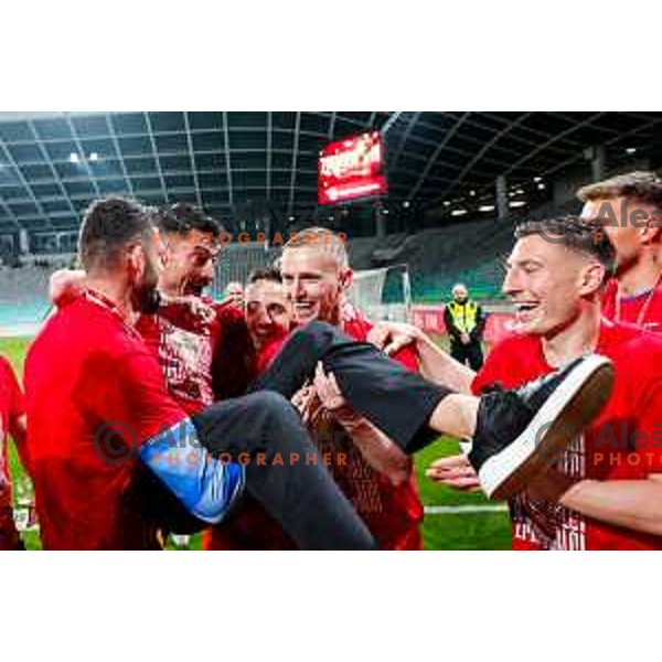 Players of Celje celebrate victory in The Final of Pivovarna Union Slovenian Cup football match between Koper and Celje in SRC Stozice, Ljubljana, Slovenia on May 14, 2025