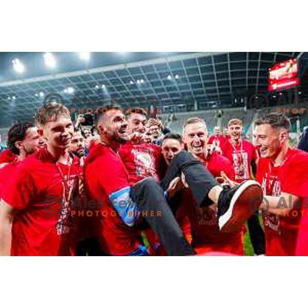 Players of Celje celebrate victory in The Final of Pivovarna Union Slovenian Cup football match between Koper and Celje in SRC Stozice, Ljubljana, Slovenia on May 14, 2025