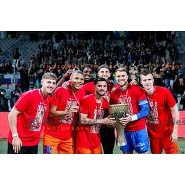 Players of Celje celebrate victory in The Final of Pivovarna Union Slovenian Cup football match between Koper and Celje in SRC Stozice, Ljubljana, Slovenia on May 14, 2025