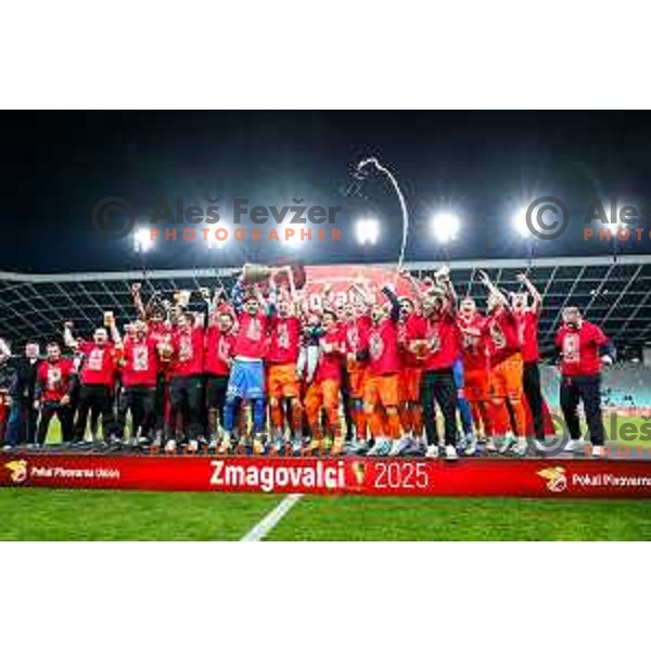 Players of Celje celebrate victory in The Final of Pivovarna Union Slovenian Cup football match between Koper and Celje in SRC Stozice, Ljubljana, Slovenia on May 14, 2025