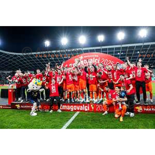 Players of Celje celebrate victory in The Final of Pivovarna Union Slovenian Cup football match between Koper and Celje in SRC Stozice, Ljubljana, Slovenia on May 14, 2025